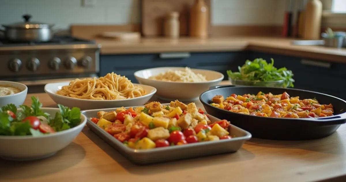 A delicious, quick, and easy homemade dinner featuring a skillet meal with chicken, vegetables, and herbs, served on a rustic wooden table.