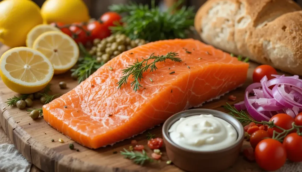 Fresh smoked salmon surrounded by vibrant ingredients like sliced lemons, capers, dill, cream cheese, red onions, cherry tomatoes, and bread on a rustic wooden cutting board.