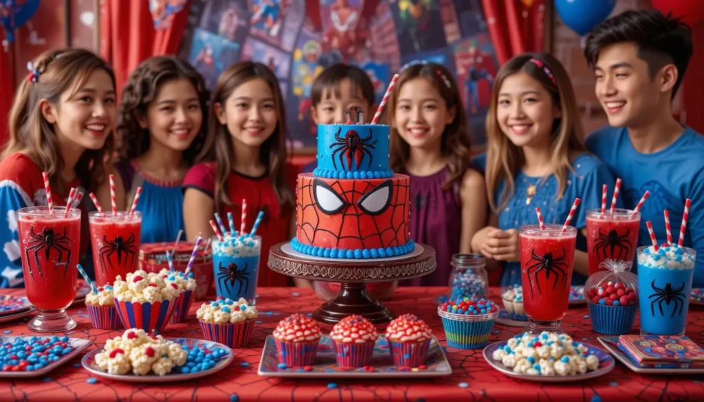 Vibrant dessert table featuring a Spiderman-themed cake, surrounded by spider-decorated cookies, spider-web cupcakes, themed popcorn, and colorful Spider-Man punch in a festive party setting.