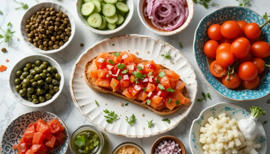 Colorful spread of toppings like capers, diced red onions, cucumbers, cherry tomatoes, and olive oil, with a smoked salmon toast in the center.