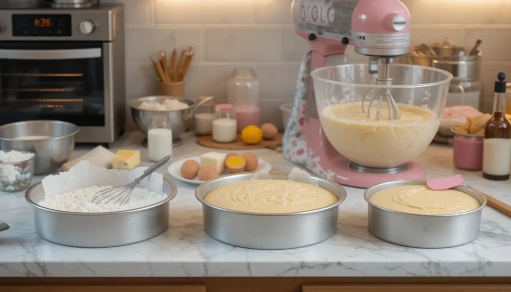 A well-organized kitchen countertop showcasing the process of preparing a Hello Kitty cake, with ingredients like flour, butter, eggs, milk, and baking tools neatly arranged, ready for mixing and baking.