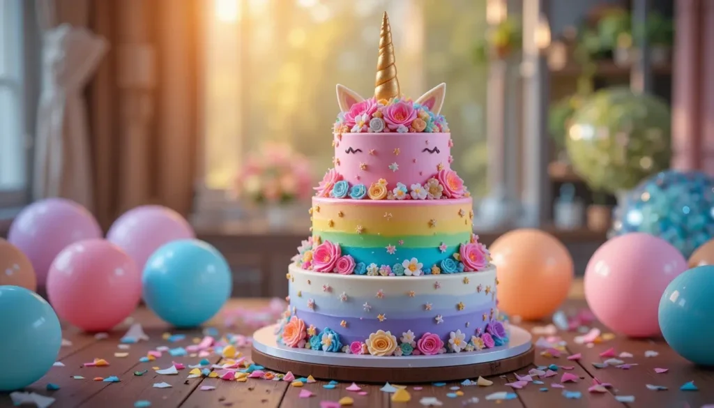 A beautifully decorated unicorn cake with pastel colors and a golden horn, surrounded by festive decorations.