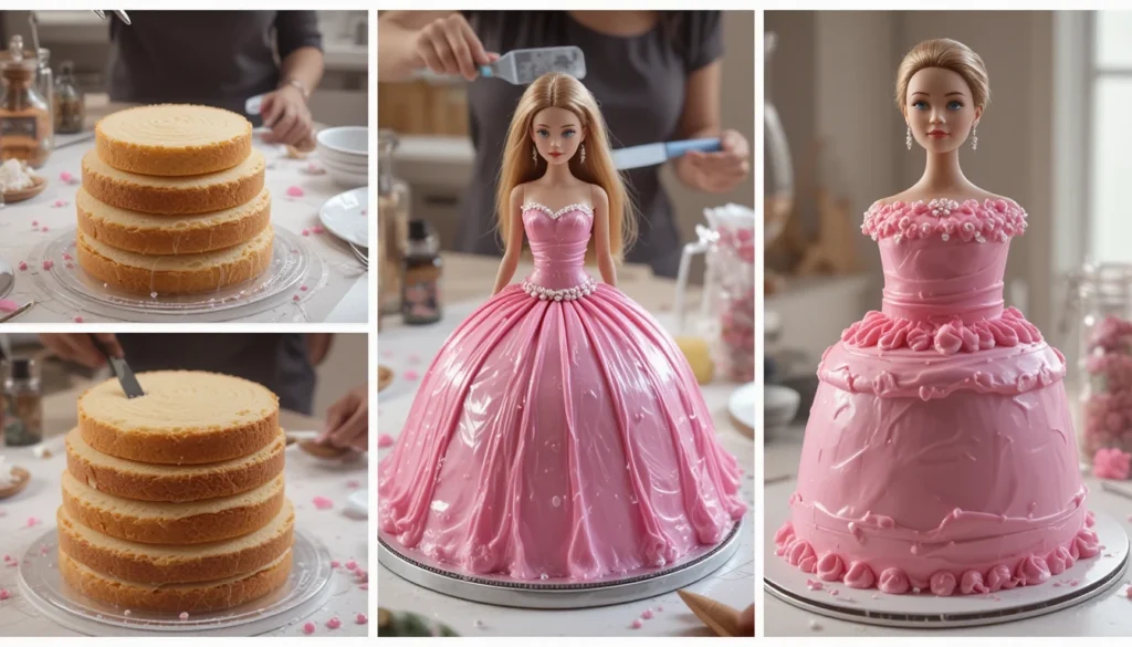 Step-by-step process of making a Barbie cake, from layering to decorating.