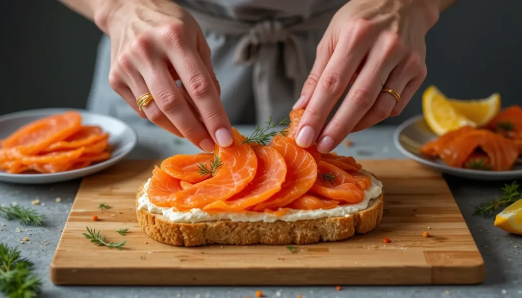 Thin slices of vibrant smoked salmon arranged on cream cheese-covered bread, with hands in an apron placing the slices. Garnishes like dill and lemon wedges are in the background.