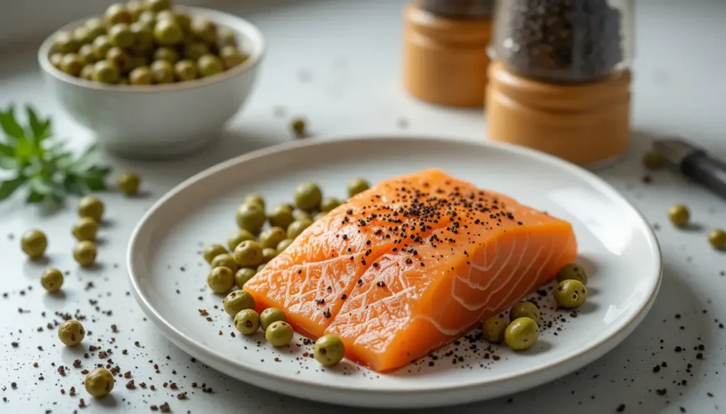 A clean kitchen countertop with capers, black pepper, and smoked salmon arranged attractively on a plate.