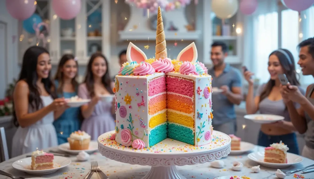 A vibrant unicorn cake with colorful layers, swirls of frosting, and fondant unicorn horn and ears, placed on an elegant cake stand with party decorations and a joyful atmosphere.