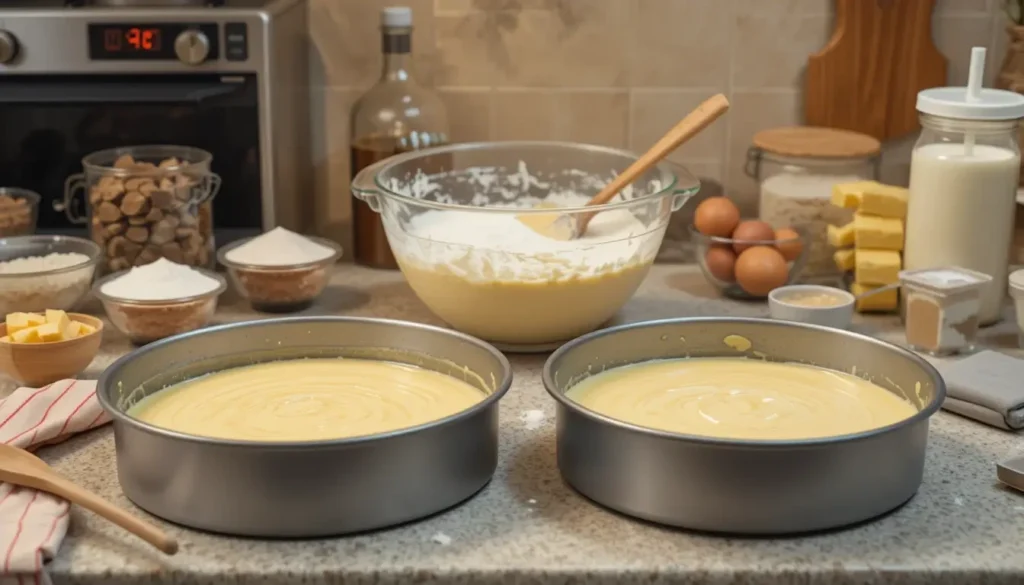 A cozy kitchen with two greased 8-inch cake pans on the counter next to a bowl of smooth batter, surrounded by neatly arranged baking ingredients and tools.