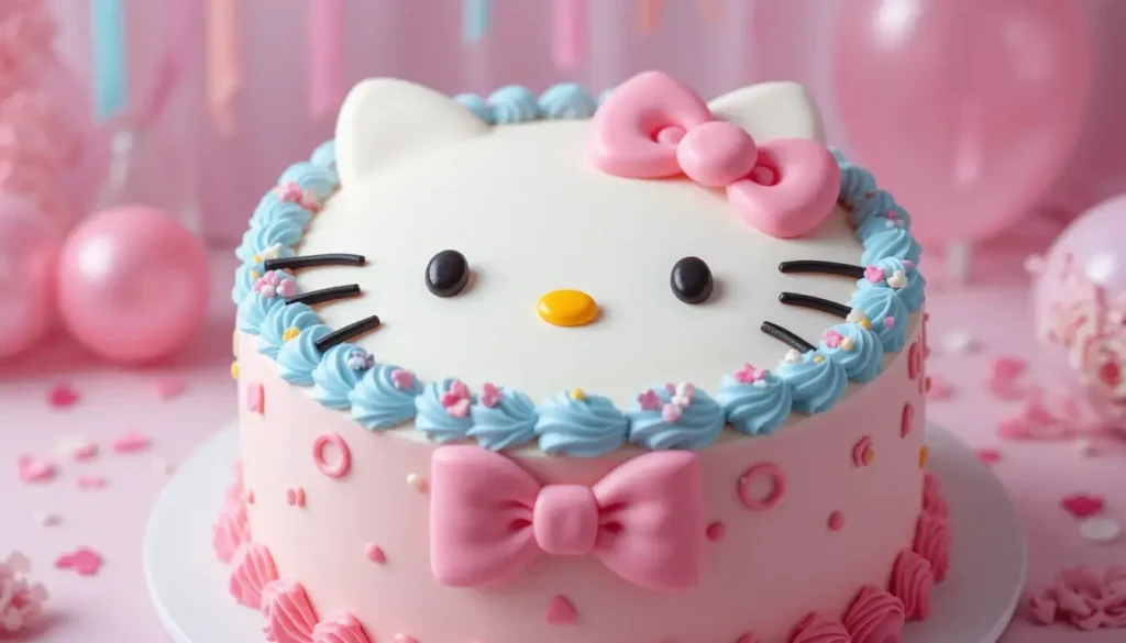 Realistic Hello Kitty cake with pastel icing, fondant ears, and a cute bow, perfect for a birthday celebration.