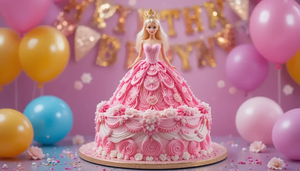 Elegant Barbie cake in pink with intricate frosting decorations, topped with a Barbie doll wearing a crown, surrounded by colorful balloons and a festive background.