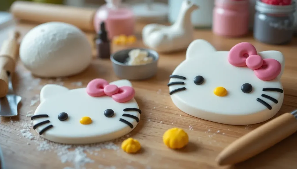  Ingredients for decorating a Hello Kitty cake, including white fondant, pink fondant, black food coloring, yellow fondant, and essential baking tools.