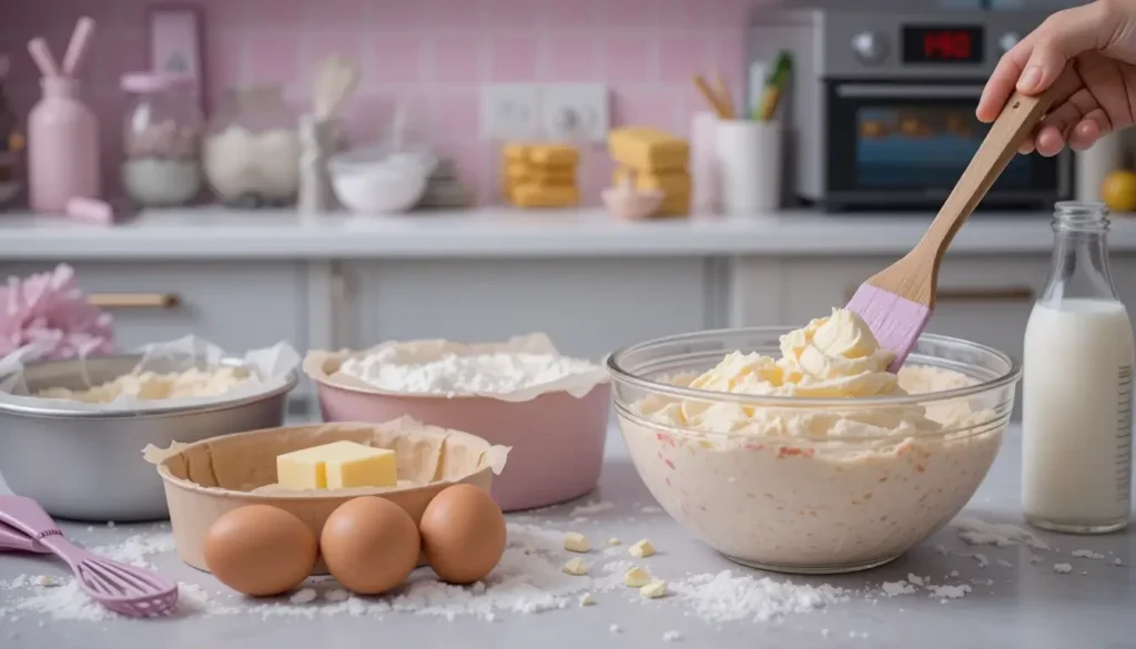  A vibrant kitchen scene showing the first step of preparing a unicorn cake batter, including mixing dry ingredients, creaming butter and sugar, and adding eggs and vanilla.