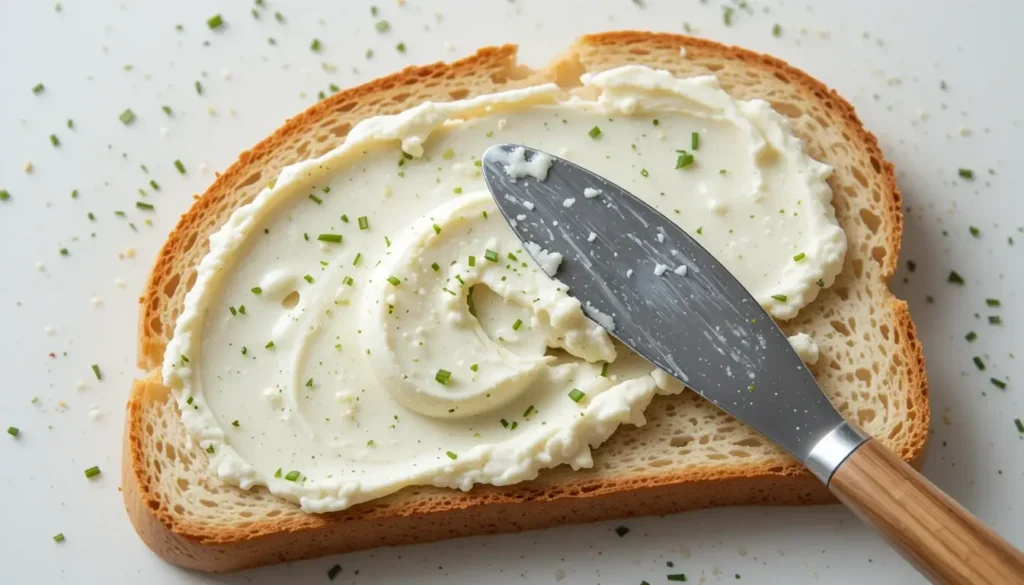 Close-up of a slice of bread being generously spread with smooth, creamy cream cheese, with a butter knife and a sprinkle of herbs like chives or dill.