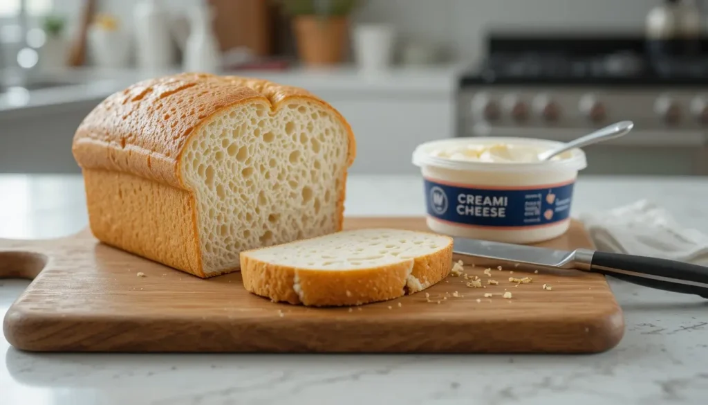 A wooden cutting board with a fresh loaf of bread, a tub of cream cheese with a spreading knife, and a small bowl of minced garlic or lemon zest on a clean kitchen countertop, set in a bright, organized kitchen.