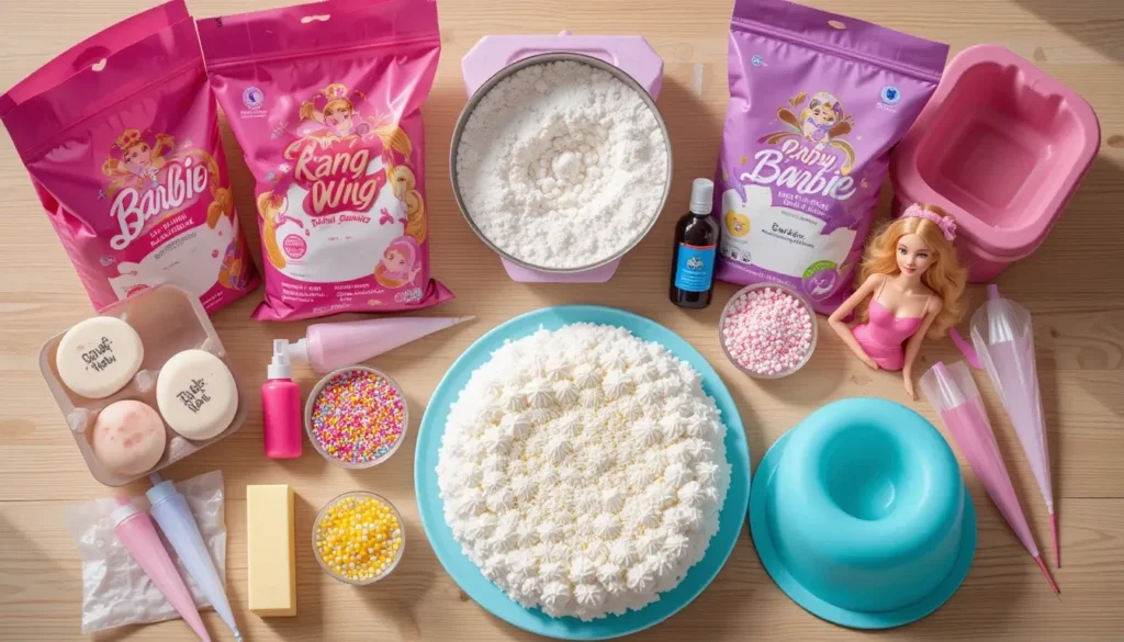 Ingredients for making a Barbie-themed cake, including flour, eggs, and food coloring.