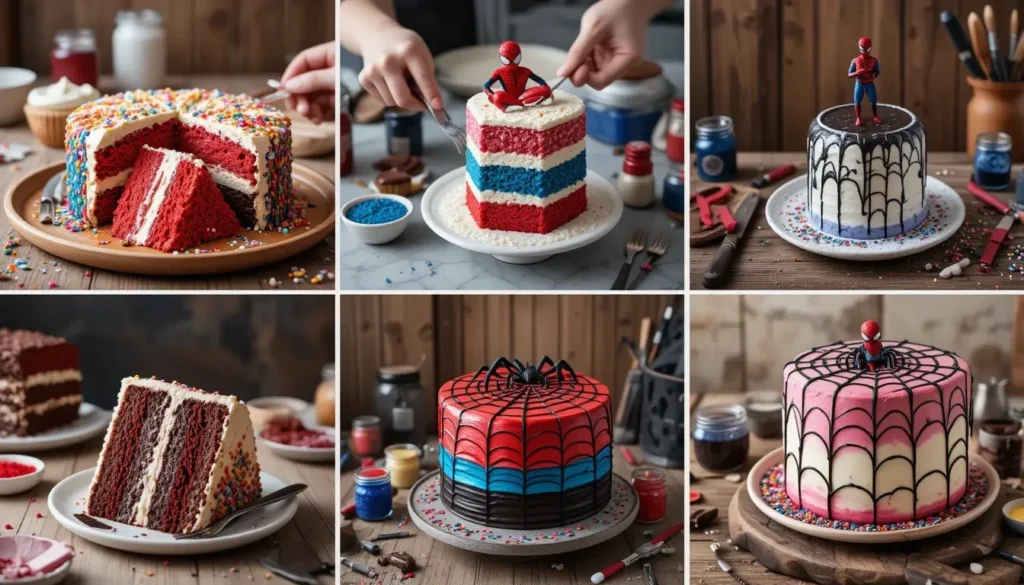  A wooden platter featuring slices of red velvet, Funfetti, and chocolate cake, each garnished with powdered sugar or sprinkles, set on a cozy kitchen counter.