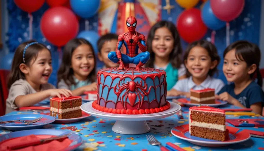 A festive party scene featuring a Spiderman-themed cake with web patterns, red and blue icing, and a Spiderman figurine, surrounded by balloons and party decorations.