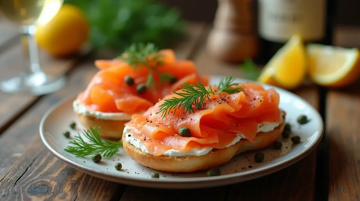 Smoked salmon recipes showcasing fresh ingredients, cream cheese spread, salmon assembly, and optional toppings like capers and dill on toasted bread.