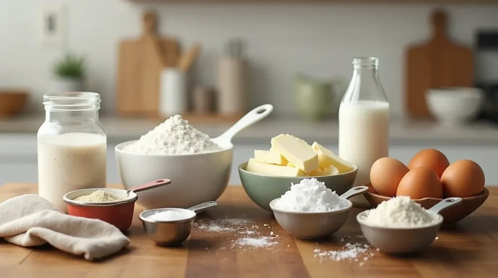 Well-organized ingredients for Hello Kitty cake on a wooden kitchen countertop, including flour, sugar, butter, eggs, vanilla extract, and more.