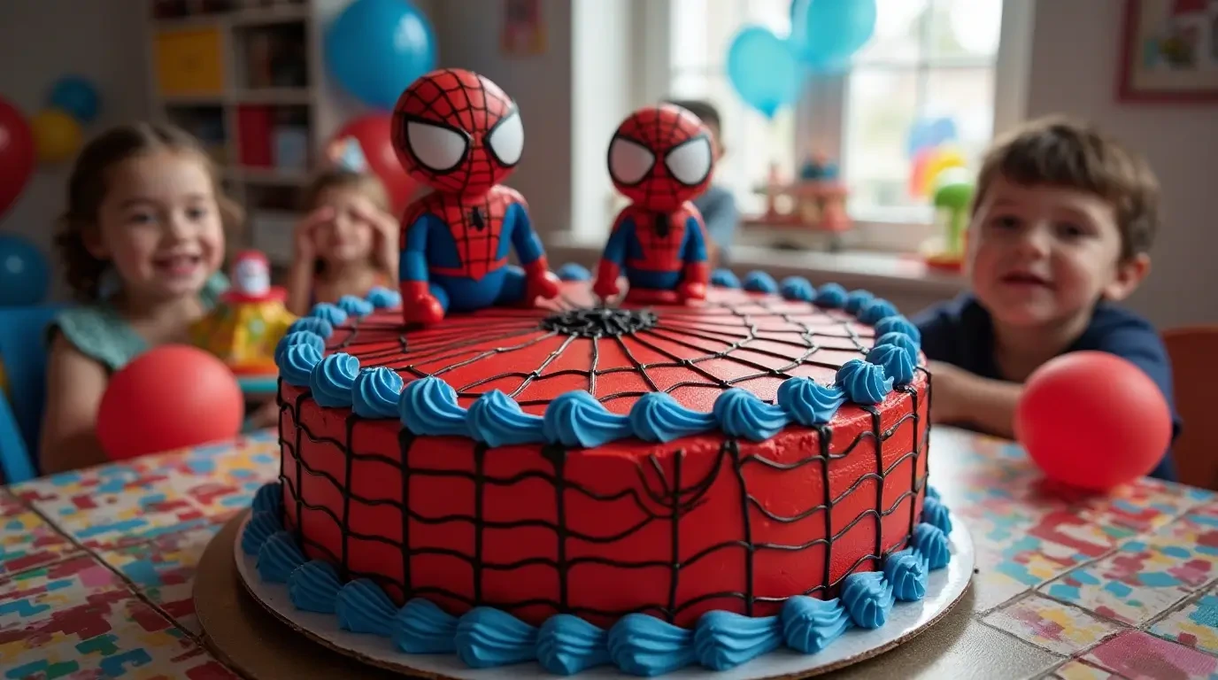 A vibrant Spiderman-themed cake with red and blue icing, detailed web patterns, and Spiderman figurines, surrounded by party decorations and balloons on a festive table.