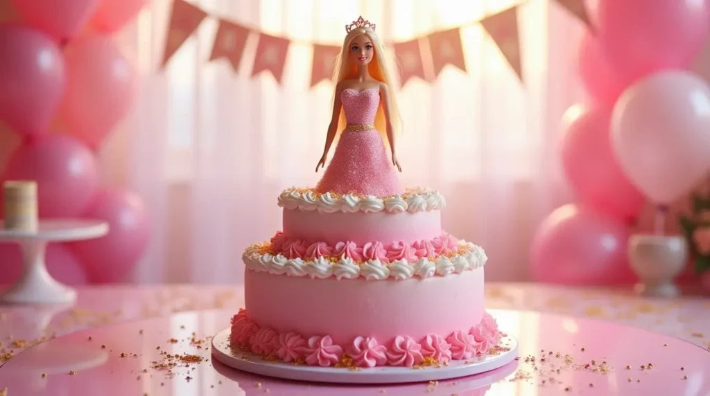 "Barbie-themed cake with pink floral decorations and doll centerpiece.