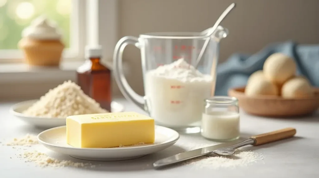 A beautifully organized kitchen counter with ingredients for Barbie cake frosting: softened butter, powdered sugar, vanilla extract, and heavy cream, arranged naturally with soft lighting.