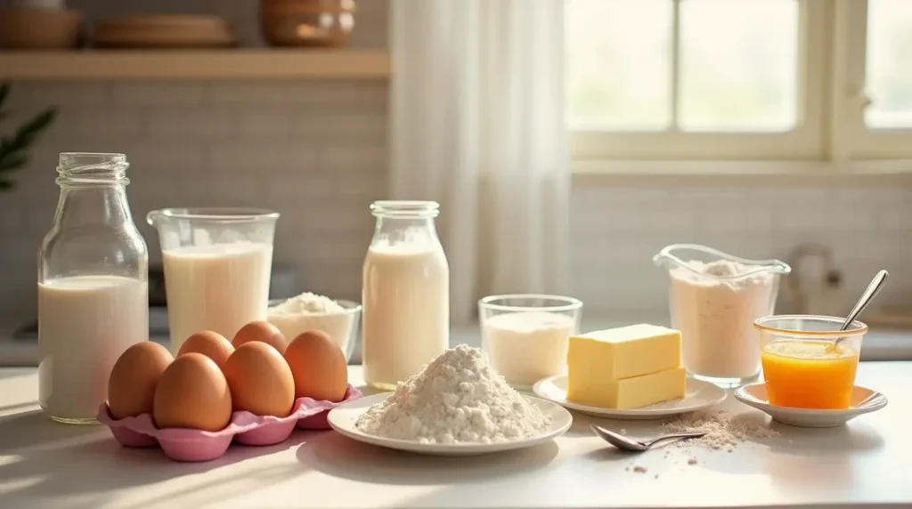 Ingredients for a Barbie cake arranged neatly on a kitchen counter, including flour, sugar, butter, eggs, vanilla extract, milk, baking powder, and salt, with soft lighting creating a warm atmosphere.