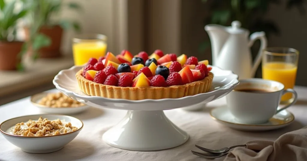 Quick Fruit Tart served on a cake stand with coffee, juice, and yogurt for the best breakfast near me