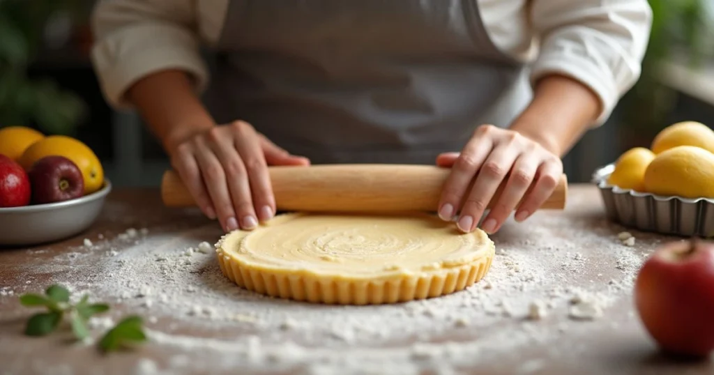 Hands rolling out pastry dough for a Quick Fruit Tart, with fresh fruits nearby, for the best breakfast near me.