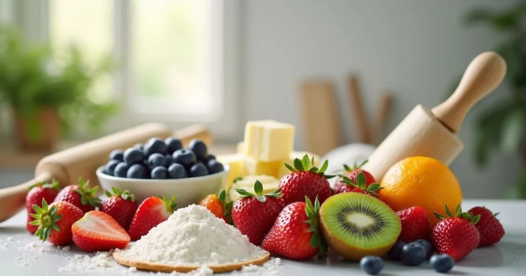 Fresh ingredients for a Quick Fruit Tart, including seasonal fruits, flour, and butter, for the best breakfast near me."