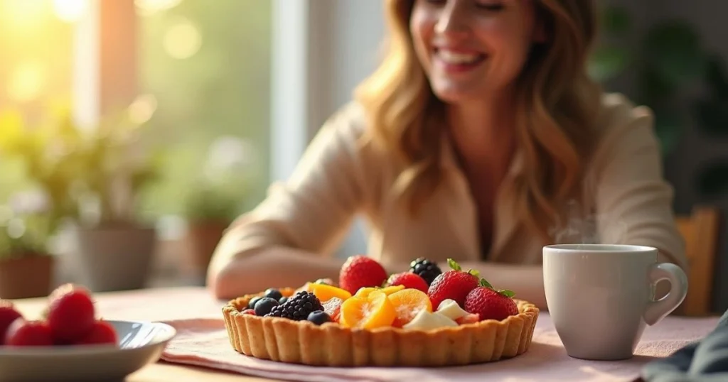 "Happy person enjoying a Quick Fruit Tart with coffee for the best breakfast near me.