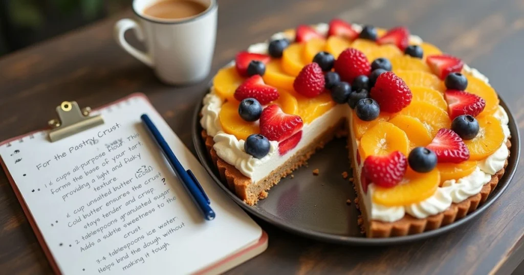 Quick Fruit Tart with a slice removed, next to a notepad with FAQs for the best breakfast near me.