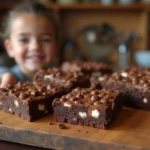 Close-up of freshly baked Heavenly Hash Brownies with gooey marshmallows, melted chocolate chips, and a dusting of powdered sugar on a rustic wooden table.