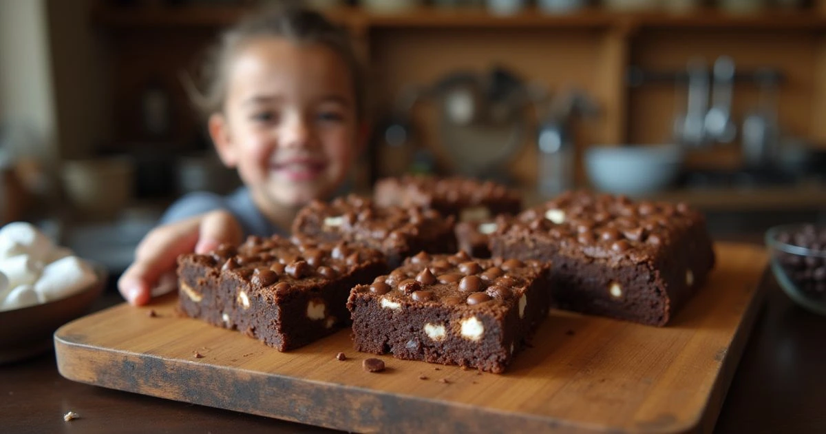 Close-up of freshly baked Heavenly Hash Brownies with gooey marshmallows, melted chocolate chips, and a dusting of powdered sugar on a rustic wooden table.