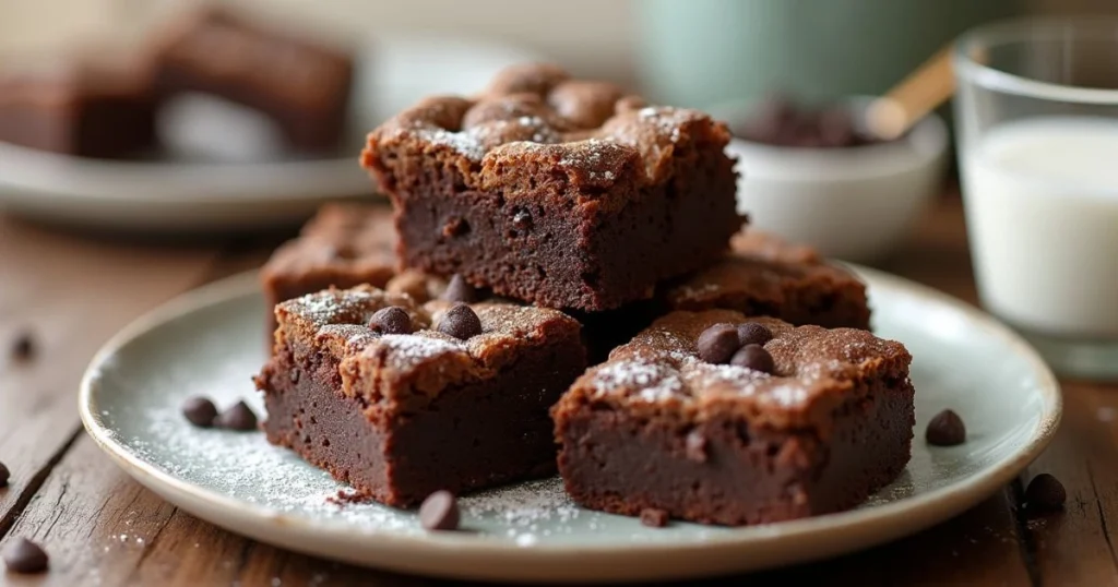 Close-up of freshly baked Heavenly Hash Brownies with gooey marshmallows, melted chocolate chips, and a dusting of powdered sugar on a rustic wooden table.