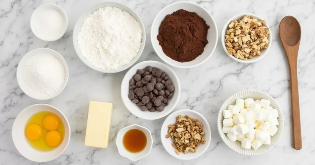 Close-up of freshly baked Heavenly Hash Brownies with gooey marshmallows, melted chocolate chips, and a dusting of powdered sugar on a rustic wooden table."