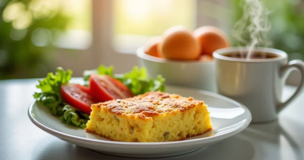 Freshly baked egg casserole made with crackers served with a cup of coffee and a side of fresh fruit, showcasing the meal's comforting and healthy qualities.