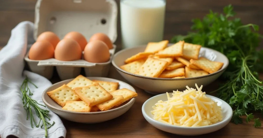 Key ingredients for baked egg casserole made with crackers including eggs, crackers, cheese, milk, and herbs displayed on a kitchen counter.