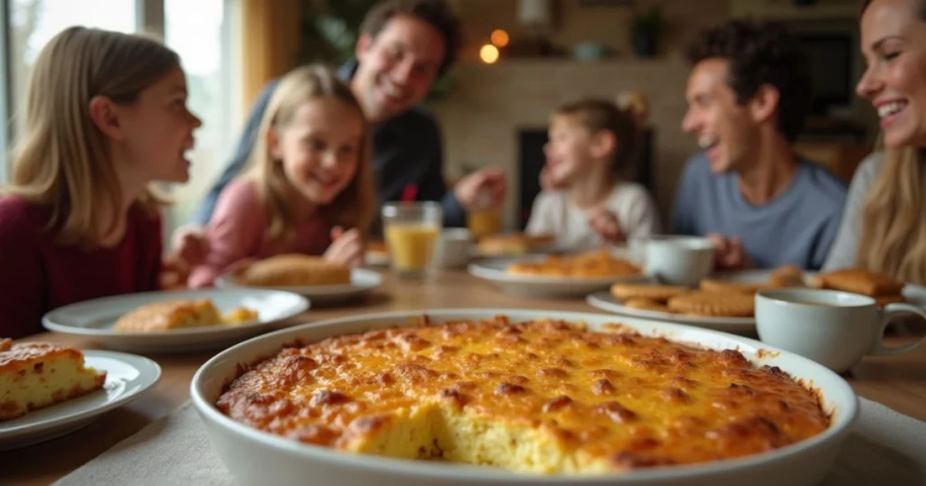 "A group of friends or family enjoying the baked egg casserole made with crackers at the dining table, smiling and sharing the meal together