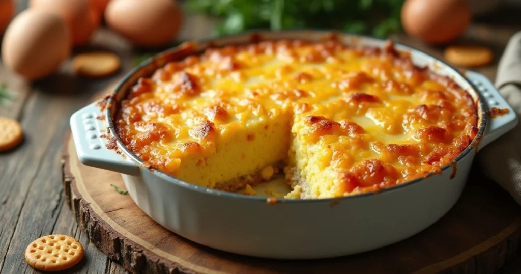 Golden brown baked egg casserole made with crackers, served in a rustic dish with melted cheese on top and visible cracker layers.