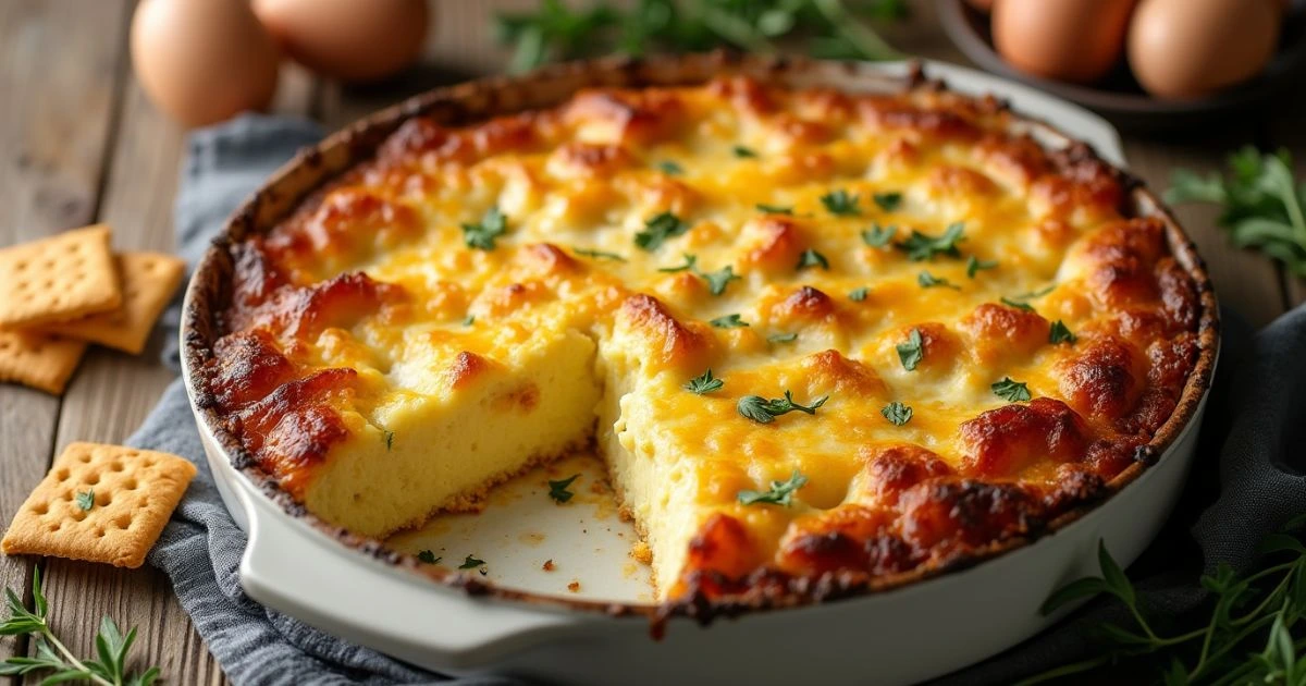 "Freshly baked egg casserole made with crackers, golden brown on top with visible layers of cheese and crackers, served on a rustic wooden table.