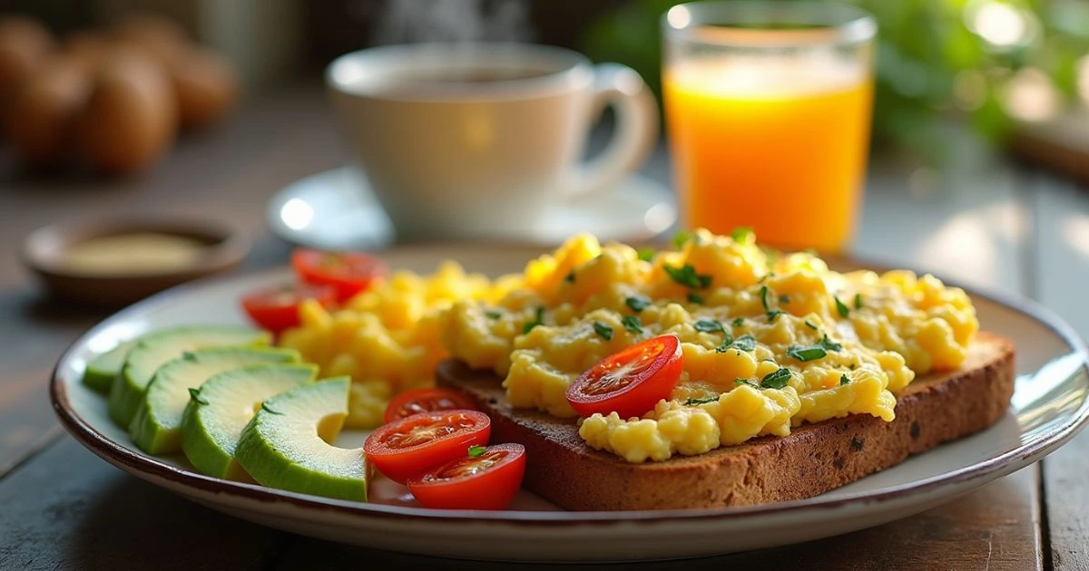 Delicious homemade breakfast with scrambled eggs, avocado toast, roasted tomatoes, and fresh herbs, served with coffee and orange juice.