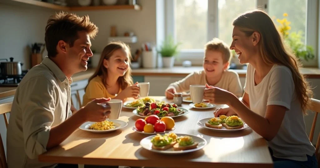 Happy family enjoying a nutritious homemade breakfast together at a cozy kitchen table.