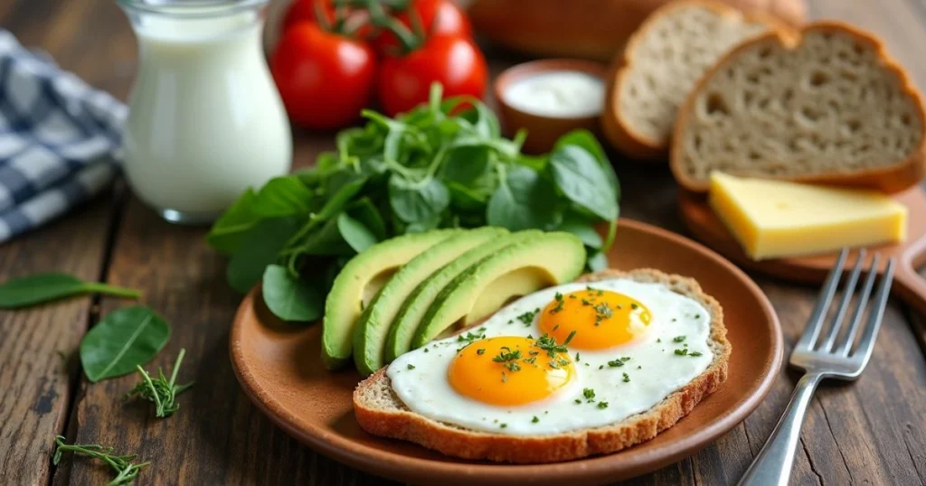 Fresh breakfast ingredients including eggs, bread, avocado, tomatoes, spinach, and cheese on a rustic table."