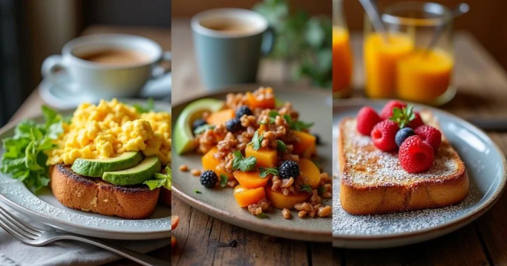 Three breakfast variations: scrambled eggs, tofu scramble, and sweet cinnamon toast with berries.