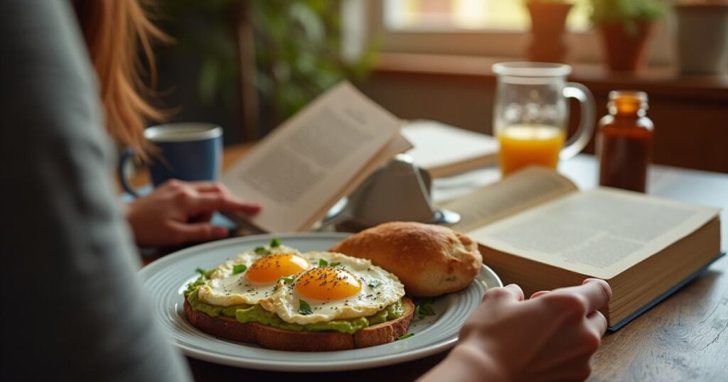 Person enjoying a homemade breakfast while relaxing at a cozy table.