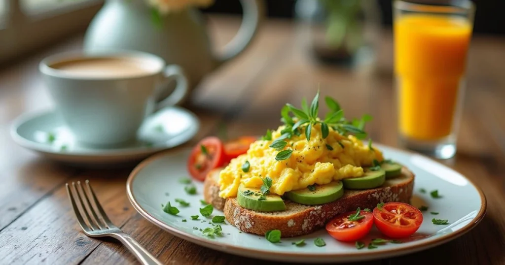 Beautifully plated breakfast with eggs, avocado toast, tomatoes, coffee, and orange juice.