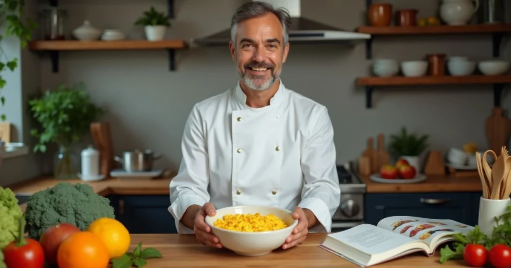 Chef preparing scrambled eggs in a kitchen filled with fresh ingredients and cooking tools."