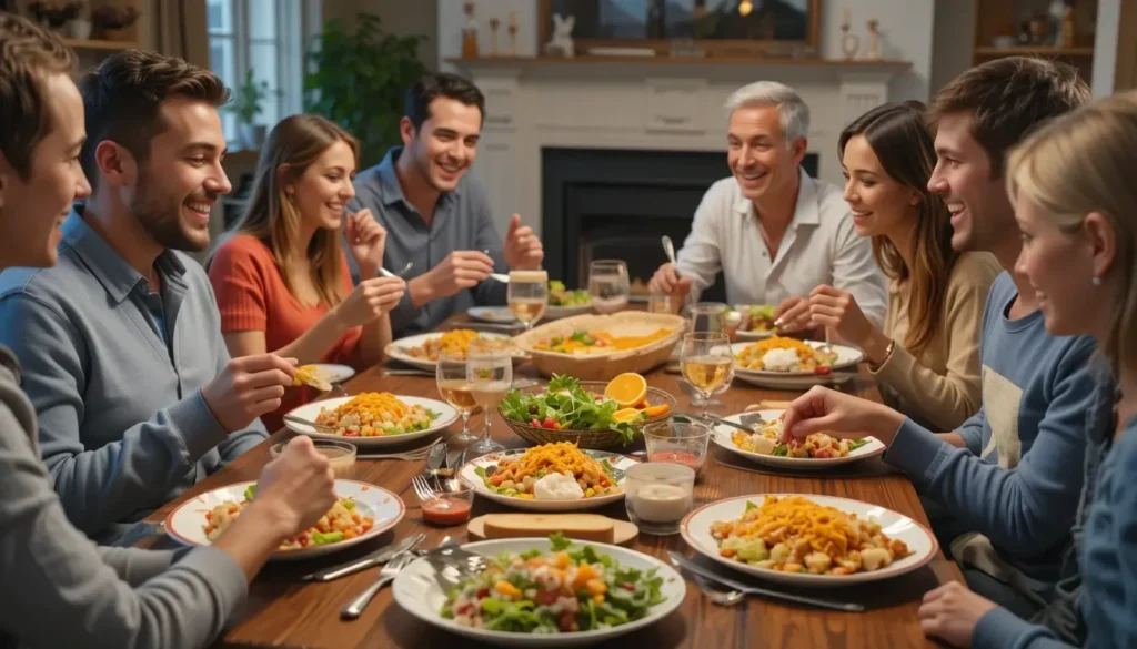 Family enjoying comfort food casserole at the dinner table.