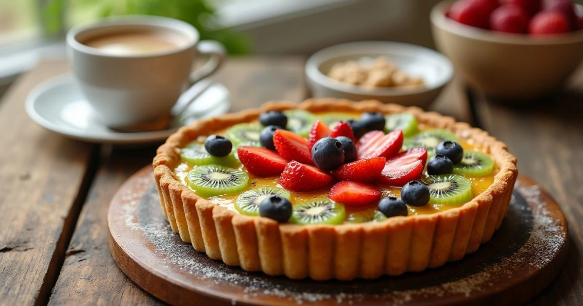 Quick Fruit Tart with fresh strawberries, kiwi, and blueberries, served with coffee and yogurt for the best breakfast near me.