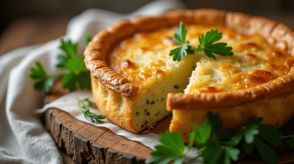 A savory potato pie with a flaky crust and creamy mashed potato filling